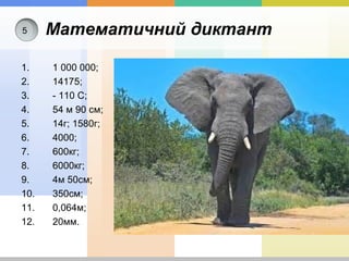 Математичний диктант
1. 1 000 000;
2. 14175;
3. - 110 С;
4. 54 м 90 см;
5. 14г; 1580г;
6. 4000;
7. 600кг;
8. 6000кг;
9. 4м 50см;
10. 350см;
11. 0,064м;
12. 20мм.
5
 
