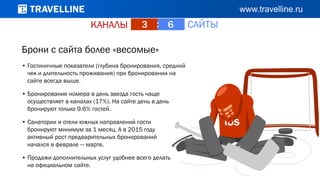КАНАЛЫ САЙТЫ3 : 6
• Гостиничные показатели (глубина бронирования, средний
чек и длительность проживания) при бронировании на
сайте всегда выше.
• Бронирование номера в день заезда гость чаще
осуществляет в каналах (17%). На сайте день в день
бронируют только 9.6% гостей.
• Санатории и отели южных направлений гости
бронируют минимум за 1 месяц. А в 2015 году
активный рост предварительных бронирований
начался в феврале — марте.
• Продажи дополнительных услуг удобнее всего делать
на официальном сайте.
Брони с сайта более «весомые»
 