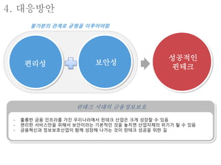 편리성 보안성
성공적인
핀테크
불가분의 관계로 균형을 이루어야함
핀테크 시대의 금융정보보호
- 훌륭한 금융 인프라를 가진 우리나라에서 핀테크 산업은 크게 성장할 수 있음
- 편리한 서비스만을 위해서 보안이라는 기본적인 것을 놓치면 산업자체의 위기가 될 수 있음
- 금융혁신과 정보보호산업이 함께 성장해 나가는 것이 핀테크 성공을 위한 길
4. 대응방안
 