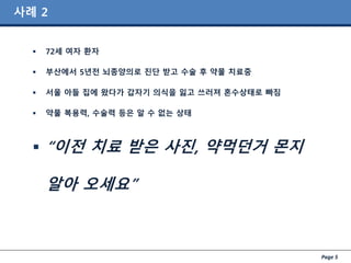 Page 5
사례 2
 72세 여자 환자
 부산에서 5년전 뇌종양의로 진단 받고 수술 후 약물 치료중
 서울 아들 집에 왔다가 갑자기 의식을 잃고 쓰러져 혼수상태로 빠짐
 약물 복용력, 수술력 등은 알 수 없는 상태
 “이전 치료 받은 사진, 약먹던거 몬지
알아 오세요”
 