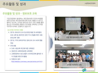 소셜정보안전센터
주요활동 및 성과 – 정보보호 교육
기업 개인정보보호 교육
교직원 직무연수 교육
주요활동 및 성과
기업 현장에서 발생하는 개인정보보호 이슈와 해결을
위한 임직원 개인정보보호교육 프로그램을 수시로 진
행하고 있으며, 교직원 정보안전 연수 프로그램을 통한
청소년 사이버범죄 예방과 지도방법 교육하는 교직원
직무연수교육도 진행하고 있습니다.
 교직원 직무연수 현황
 경기도 정보교과 교사 및 관련단체원 약 40여명의
S/W 교육 및 정보안전 관련 지식 전달을 위한 ‘교원
보안교육’ 진행
 경기도 지역 30여개 학교 정보교과 교사 40여 명을
대상
 주요내용
 S/W 시범교육 추진에 따른 교육방안
 정보안전 교육에 필요한 교육제언
 교육현장에서 청소년들의 사이버안전에 올바른 지
식 전달을 위한 연수활동
 언론보도 참조
(http://dailysecu.com/news_view.php?article_id=7415)
 