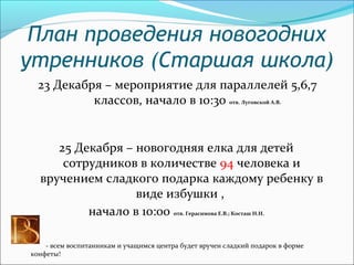 План проведения новогодних
утренников (Старшая школа)
23 Декабря – мероприятие для параллелей 5,6,7
классов, начало в 10:30 отв. Луговской А.В.
25 Декабря – новогодняя елка для детей
сотрудников в количестве 94 человека и
вручением сладкого подарка каждому ребенку в
виде избушки ,
начало в 10:00 отв. Герасимова Е.В.; Косташ Н.Н.
- всем воспитанникам и учащимся центра будет вручен сладкий подарок в форме
конфеты!
 