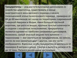 Трицератопсы— род растительноядных динозавров из
семейства цератопсид, существовали в конце
маастрихтского века мелового периода и начале
палеоценовой эпохи палеогенового периода, примерно от
68 до 60 миллионов лет назад на территориях современной
Северной Америки и Индии. Имея большой костяной
воротник, три рога на морде, крупные толстые конечности
и сходное с носорогом телосложение, трицератопсы
являются одними из наиболее узнаваемых динозавров.
Возможно, самый опасный хищник того времени —
тираннозавр — мог охотиться на трицератопсов, но неясно,
могли ли они сражаться друг с другом, как это часто
изображается. Взрослые особи трицератопсов достигали от
примерно 8 метров в длину, 3 метра в высоту и весили от 6
до 12 тонн. Питался различными растениями.
 