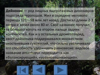 Дейноних — род хищных ящеротазовых динозавров
подотряда тероподов. Жил в середине мелового
периода 121—98 млн лет назад. Достигал длины 2-3
метра и весил около 80 кг. Своё название получил
за большой коготь на втором пальце задних
конечностей. Как и у остальных дромеозаврид,
хвост дейнониха поддерживался множеством
окостеневших сухожилий, что сильно увеличивало
его способность удерживать равновесие: видовое
название antirrhopus переводится как
«балансирующий», «уравновешивающий».
 