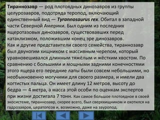 Тираннозавр — род плотоядных динозавров из группы
целурозавров, подотряда теропод, включающий
единственный вид — Tyrannosaurus rex. Обитал в западной
части Северной Америки. Был одним из последних
ящеротазовых динозавров, существовавших перед
катаклизмом, положившим конец эре динозавров.
Как и другие представители своего семейства, тираннозавр
был двуногим хищником с массивным черепом, который
уравновешивался длинным тяжёлым и жёстким хвостом. По
сравнению с большими и мощными задними конечностями
этого ящера его передние лапы были совсем небольшими, но
необыкновенно могучими для своего размера, и имели два
когтистых пальца. Он имеет длину 12 метров, высоту до
бедра — 4 метра, а масса этой особи по оценкам экспертов
при жизни достигала 7 тонн. Как самое большое плотоядное в своей
экосистеме, тираннозавр, скорее всего, был сверххищником и охотился на
гадрозавров, цератопсов и, возможно, даже на зауропод.
 
