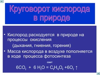 • Кислород расходуется в природе на
процессы окисления
(дыхания, гниения, горения)
• Масса кислорода в воздухе пополняется
в ходе процесса фотосинтеза
свет
6СО2 + 6 Н2О = С6Н12О6 +6О2 ↑
 