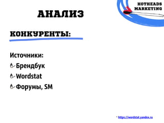 АНАЛИЗ
* https://wordstat.yandex.ru
КонкурЕнты:
Источники:
Брендбук
Wordstat
Форумы, SM
 