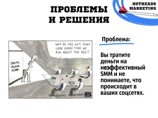 ПРОБЛЕМЫ
И РЕШЕНИЯ
Проблема:
Вы тратите
деньги на
неэффективный
SMM и не
понимаете, что
происходит в
ваших соцсетях.
 