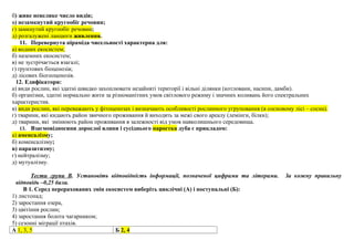 б) живе невелике число видів;
в) незамкнутий кругообіг речовин;
г) замкнутий кругообіг речовин;
д) розгалужені ланцюги живлення.
11. Перевернута піраміда чисельності характерна для:
а) водних екосистем;
б) наземних екосистем;
в) не зустрічається взагалі;
г) ґрунтових біоценозів;
д) лісових біогеоценозів.
12. Едифікатори:
а) види рослин, які здатні швидко захоплювати незайняті території і вільні ділянки (котловани, насипи, дамби).
б) організми, здатні нормально жити за різноманітних умов світлового режиму і значних коливань його спектральних
характеристик.
в) види рослин, які переважають у фітоценозах і визначають особливості рослинного угруповання (в сосновому лісі – сосна).
г) тварини, які кидають район звичного проживання й виходять за межі свого ареалу (лемінги, білки);
д) тварини, які змінюють район проживання в залежності від умов навколишнього середовища.
13. Взаємовідносини дорослої ялини і сусіднього паростка дуба є прикладом:
а) aменсалізму;
б) коменсалізму;
в) паразитизму;
г) нейтралізму;
д) мутуалізму.
Тести групи В. Установіть відповідність інформації, позначеної цифрами та літерами. За кожну правильну
відповідь –0,25 бала.
В 1. Серед перерахованих змін екосистем виберіть циклічні (А) і поступальні (Б):
1) листопад;
2) заростання озера,
3) цвітіння рослин;
4) заростання болота чагарником;
5) сезонні міграції птахів.
А 1, 3, 5 Б 2, 4
 