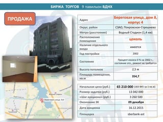 БИРЖА ТОРГОВ 14 павильон ВДНХ
Начальная цена (руб.) 65 210 000 (183 845 за 1 кв.м)
Размер задатка (руб.) 13 042 000
«Шаг аукциона» (руб.) 3 260 500
Окончание ЗК 09 декабря
Дата аукциона 16.12.2015
Площадка sberbank-ast
Адрес
Береговая улица, дом 8,
корпус 4
Округ, район СЗАО, Покровское-Стрешнево
Метро (расстояние) Водный Стадион (1,4 км)
Расположение
помещения
цоколь
Наличие отдельного
входа
имеется
Год постройки 2002
Состояние
Процент износа 0 % на 2002 г.,
состояние отл., ремонт не требуется
Высота потолков 2,5 м
Площадь помещения,
кв.м
354,7
ПРОДАЖА
9
 