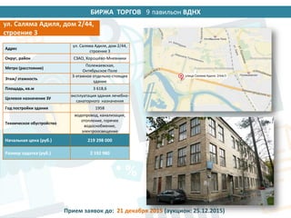 БИРЖА ТОРГОВ 14 павильон ВДНХ
Адрес
ул. Саляма Адиля, дом 2/44,
строение 3
Округ, район СЗАО, Хорошёво-Мневники
Метро (расстояние)
Полежаевская,
Октябрьское Поле
Этаж/ этажность
3-этажное отдельно-стоящее
здание
Площадь, кв.м 3 618,6
Целевое назначение ЗУ
эксплуатация здания лечебно-
санаторного назначения
Год постройки здания 1958
Техническое обустройство
водопровод, канализация,
отопление, горячее
водоснобжение,
электроосвещение
Начальная цена (руб.) 219 298 000
Размер задатка (руб.) 2 192 980
ул. Саляма Адиля, дом 2/44,
строение 3
Прием заявок до: 21 декабря 2015 (аукцион: 25.12.2015)
9
 