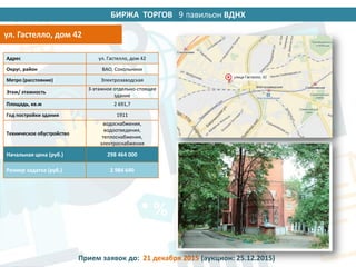 БИРЖА ТОРГОВ 14 павильон ВДНХ
Адрес ул. Гастелло, дом 42
Округ, район ВАО, Сокольники
Метро (расстояние) Электрозаводская
Этаж/ этажность
3-этажное отдельно-стоящее
здание
Площадь, кв.м 2 691,7
Год постройки здания 1911
Техническое обустройство
водоснабжения,
водоотведения,
теплоснабжения,
электроснабжения
Начальная цена (руб.) 298 464 000
Размер задатка (руб.) 2 984 640
ул. Гастелло, дом 42
Прием заявок до: 21 декабря 2015 (аукцион: 25.12.2015)
9
 