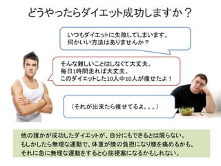 どうやったらダイエット成功しますか？
いつもダイエットに失敗してしまいます。
何かいい方法はありませんか？
そんな難しいことはしなくて大丈夫。
毎日1時間走れば大丈夫。
このダイエットした10人中10人が痩せたよ！
（それが出来たら痩せてるよ。。。）
他の誰かが成功したダイエットが、自分にもできるとは限らない。
もしかしたら無理な運動で、体重が膝の負担になり膝を痛めるかも、
それに急に無理な運動をすると心筋梗塞になるかもしれない。
 