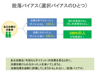 脱落バイアス（選択バイアスのひとつ）
治療を受けなかった人
（ダイエットなし 100人）
治療しなかった人
（ダイエットあり 100人）
ある治療の
対象者
誰も体重減尐なし
（但し体重増加もなし）
100%の人
が体重減尐！
ある治療法（今回ならダイエット）の効果を見るときに、
治療を続けられなかった人を省いてしまうと、
治療効果を過剰に評価してしまうかもしれない。（脱落バイアス）
 