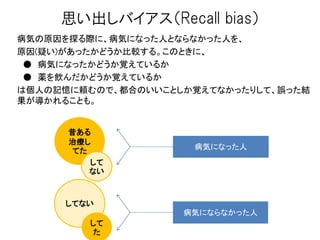 思い出しバイアス（Recall bias）
病気の原因を探る際に、病気になった人とならなかった人を、
原因(疑い)があったかどうか比較する。このときに、
● 病気になったかどうか覚えているか
● 薬を飲んだかどうか覚えているか
は個人の記憶に頼むので、都合のいいことしか覚えてなかったりして、誤った結
果が導かれることも。
病気になった人
病気にならなかった人
昔ある
治療し
てた
してない
して
ない
して
た
 