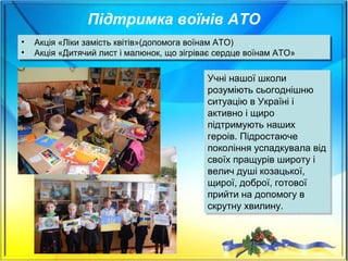 Підтримка воїнів АТО
Учні нашої школи
розуміють сьогоднішню
ситуацію в Україні і
активно і щиро
підтримують наших
героів. Підростаюче
покоління успадкувала від
своїх пращурів широту і
велич душі козацької,
щирої, доброї, готової
прийти на допомогу в
скрутну хвилину.
Учні нашої школи
розуміють сьогоднішню
ситуацію в Україні і
активно і щиро
підтримують наших
героів. Підростаюче
покоління успадкувала від
своїх пращурів широту і
велич душі козацької,
щирої, доброї, готової
прийти на допомогу в
скрутну хвилину.
• Акція «Ліки замість квітів»(допомога воїнам АТО)
• Акція «Дитячий лист і малюнок, що зігріває сердце воїнам АТО»
• Акція «Ліки замість квітів»(допомога воїнам АТО)
• Акція «Дитячий лист і малюнок, що зігріває сердце воїнам АТО»
 