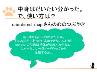 中身はだいたい分かった。
で、使い方は？
unordered_map さんの心のつぶやき
あ～また新しいのが来たのか。
おんなじキーあったら追加できないんだが、
emplace の引数は得体が知れんからなぁ…
しゃ～ない、一旦ノード作ってから
比較するか…
103
 