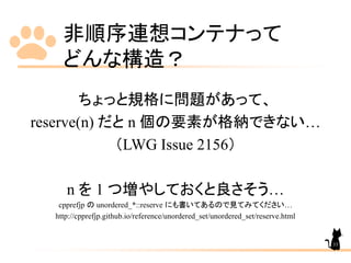 非順序連想コンテナって
どんな構造？
ちょっと規格に問題があって、
reserve(n) だと n 個の要素が格納できない…
（LWG Issue 2156）
n を 1 つ増やしておくと良さそう…
cpprefjp の unordered_*::reserve にも書いてあるので見てみてください…
http://cpprefjp.github.io/reference/unordered_set/unordered_set/reserve.html
33
 