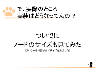 で、実際のところ
実装はどうなってんの？
ついでに
ノードのサイズも見てみた
（アロケータで割り当てサイズを出力した）
82
 