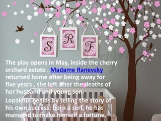 The play opens in May, inside the cherry
orchard estate . Madame Ranevsky
returned home after being away for
five years , she left after the deaths of
her husband and young son.
Lopakhin begins by telling the story of
his own success: born a serf, he has
managed to make himself a fortune.
 