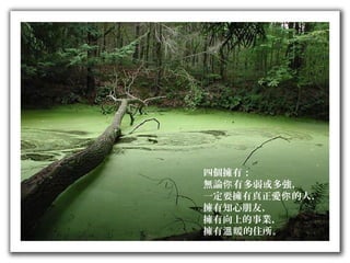 四個擁有：
無論 有多弱或多強，你
一定要擁有真正愛 的人，你
擁有知心朋友，
擁有向上的事業，
擁有 暖的住所。溫
 