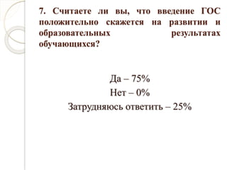 7. Считаете ли вы, что введение ГОС
положительно скажется на развитии и
образовательных результатах
обучающихся?
Да – 75%
Нет – 0%
Затрудняюсь ответить – 25%
 