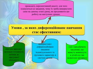 Умови , за яких диференційоване навчання
стає ефективним:
вчитель враховує
загальну готовність
дитини до
наступної
діяльності
уміє передбачити
труднощі, що
можуть виникнути
в дітей під час
засвоєння матеріалу
використовує
диференційоване
завдання
індивідуального та
групового характеру в
системі уроків
проводить перспективний аналіз: для чого
плануються ці завдання, чому їх треба використати
саме на даному етапі уроку, як продовжити цю
роботу на наступних уроках.
 