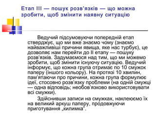 Етап III — пошук розв’язків — що можна
зробити, щоб змінити наявну ситуацію
Ведучий підсумовуючи попередній етап
стверджує, що ми вже знаємо чому (знаємо
найважливіші причини явища, яке нас турбує), це
дозволяє нам перейти до II етапу — пошуку
розв’язків. Задумаємося над тим, що ми можемо
зробити, щоб змінити існуючу ситуацію. Ведучий
інформує, що кожна група отримає по 10 смужок
паперу (іншого кольору). На протязі 10 хвилин,
пам’ятаючи про причини, кожна група формулює
ідеї, стосовно розв’язку проблеми (на одній смужці
— одна відповідь; необов’язково використовувати
всі смужки).
Здійснивши записи на смужках, наклеюємо їх
на великий аркуш паперу, продовжуючи
приготування „килимка”.
 