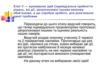 Етап V — оцінювання ідей (індивідуальне прийняття
рішень, які дії, запропоновані іншими виконаю
обов’язково, а що спробую зробити, для розв’язання
даної проблеми
Переходячи до цього етапу ведучий говорить,
що тепер індивідуально проаналізуємо пропозиції,
запропоновані іншими та оцінимо реальність
наших намірів.
Ведучий роздає кожному учаснику 2 червоні
та 2 помаранчеві наклейки. Прочитавши ще раз
всі ідеї, наклеєні на стінах, кожен вибирає дві дії,
які протягом найближчих 6 місяців напевно
реалізує (приклеїть на них червоні наклейки) та
дві дії, які постарається виконати (помаранчеві
наклейки).
На даному етапі не вибираємо своїх ідей!
 