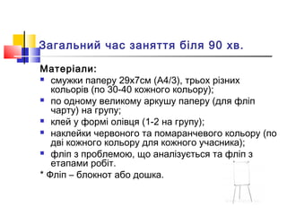 Матеріали:
 смужки паперу 29х7см (А4/3), трьох різних
кольорів (по 30-40 кожного кольору);
 по одному великому аркушу паперу (для фліп
чарту) на групу;
 клей у формі олівця (1-2 на групу);
 наклейки червоного та помаранчевого кольору (по
дві кожного кольору для кожного учасника);
 фліп з проблемою, що аналізується та фліп з
етапами робіт.
* Фліп – блокнот або дошка.
Загальний час заняття біля 90 хв.
 