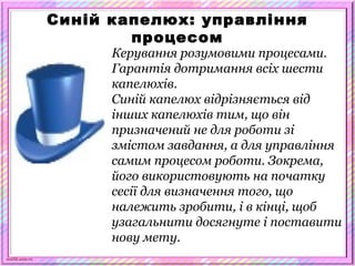 scul32.ucoz.ru
Синій капелюх: управління
процесом
Керування розумовими процесами.
Гарантія дотримання всіх шести
капелюхів.
Синій капелюх відрізняється від
інших капелюхів тим, що він
призначений не для роботи зі
змістом завдання, а для управління
самим процесом роботи. Зокрема,
його використовують на початку
сесії для визначення того, що
належить зробити, і в кінці, щоб
узагальнити досягнуте і поставити
нову мету.
 
