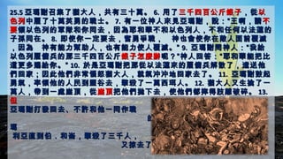 25.525.5 亞瑪謝召集了猶大人，共有三十萬。亞瑪謝召集了猶大人，共有三十萬。 6.6. 用了用了三千四百公斤銀子三千四百公斤銀子，從，從以以
色列色列中雇了十萬英勇的戰士。中雇了十萬英勇的戰士。 7.7. 有一位神人來見亞瑪謝，說：“王啊，請有一位神人來見亞瑪謝，說：“王啊，請 不不
要要領以色列的軍隊和你同去，因為耶和華不和以色列人，不和任何以法蓮的領以色列的軍隊和你同去，因為耶和華不和以色列人，不和任何以法蓮的
子孫同在。子孫同在。 8.8. 即使你一定要去，奮勇爭戰，　神也會使你在敵人面前覆滅即使你一定要去，奮勇爭戰，　神也會使你在敵人面前覆滅
，因為　神有能力幫助人，也有能力使人覆滅。”，因為　神有能力幫助人，也有能力使人覆滅。” 9.9. 亞瑪謝問神人：“我給亞瑪謝問神人：“我給
以色列雇傭兵的那三千四百公斤以色列雇傭兵的那三千四百公斤 銀子怎麼辦銀子怎麼辦呢？”神人回答：“耶和華能把比呢？”神人回答：“耶和華能把比
這更多賜給你。”這更多賜給你。” 10.10. 於是亞瑪謝把那從以法蓮來的雇傭兵解散了，遣送他於是亞瑪謝把那從以法蓮來的雇傭兵解散了，遣送他
們回家；因此他們非常惱怒猶大人，就氣沖沖地回家去了。們回家；因此他們非常惱怒猶大人，就氣沖沖地回家去了。 11.11. 亞瑪謝鼓起亞瑪謝鼓起
勇氣，率領他的人民到鹽谷去，擊殺了一萬西珥人。勇氣，率領他的人民到鹽谷去，擊殺了一萬西珥人。 12.12. 猶大人又生擒了一猶大人又生擒了一
萬人，帶到一處崖頂，從萬人，帶到一處崖頂，從崖頂崖頂把他們拋下去，使他們都摔得肢離破碎。把他們拋下去，使他們都摔得肢離破碎。 13.13.
但但
亞瑪謝打發回去、不許和他一同作戰亞瑪謝打發回去、不許和他一同作戰
的雇傭兵，竟侵入猶大各城，從撒的雇傭兵，竟侵入猶大各城，從撒
瑪瑪
利亞直到伯．和崙，擊殺了三千人，利亞直到伯．和崙，擊殺了三千人，
又掠去了很多財物。又掠去了很多財物。
 