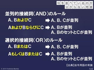 並列的接続詞（ＡＮＤ）のルール
【出典】法令用語の常識
選択的接続詞（ＯＲ）のルール
Ａ、ＢおよびＣ Ａ、Ｂ、Ｃが並列
ＡおよびＢならびにＣ Ａ、Ｂが並列
Ａ、ＢのセットとＣが並列
Ａ、ＢまたはＣ Ａ、Ｂ、Ｃが並列
ＡもしくはＢまたはＣ Ａ、Ｂが並列
Ａ、ＢのセットとＣが並列
べ て の か
分 か ら
い る
な い 問 題
を 並何
 