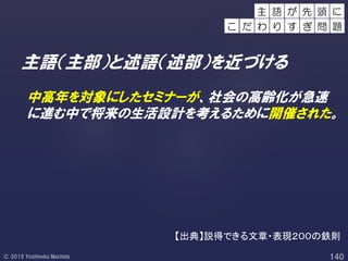 主語（主部）と述語（述部）を近づける
中高年を対象にしたセミナーが、社会の高齢化が急速
に進む中で将来の生活設計を考えるために開催された。
主 語 頭 にが 先
こ だ わ り す ぎ 問 題
【出典】説得できる文章・表現２００の鉄則
 