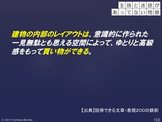 建物の内部のレイアウトは、意識的に作られた
一見無駄とも思える空間によって、ゆとりと高級
感をもって買い物ができる。
主 語 語 がと 述
あ っ て な い 問 題
【出典】説得できる文章・表現２００の鉄則
 