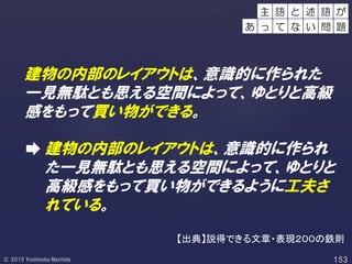 建物の内部のレイアウトは、意識的に作られた
一見無駄とも思える空間によって、ゆとりと高級
感をもって買い物ができる。
建物の内部のレイアウトは、意識的に作られ
た一見無駄とも思える空間によって、ゆとりと
高級感をもって買い物ができるように工夫さ
れている。
主 語 語 がと 述
あ っ て な い 問 題
【出典】説得できる文章・表現２００の鉄則
 