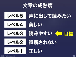 文章の成熟度
正しいレベル１
誤解されないレベル２
読みやすいレベル３
美しいレベル４
声に出して読みたいレベル５
目標
 