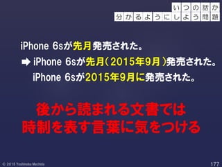 後から読まれる文書では
時制を表す言葉に気をつける
iPhone 6sが先月発売された。
iPhone 6sが先月（2015年9月）発売された。
iPhone 6sが2015年9月に発売された。
い 話 か
う に し
つ の
よ う 問 題か る よ分
 