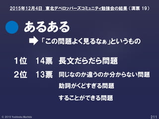 「この問題よく見るなぁ」というもの
あるある
2015年12月4日 東北デベロッパーズコミュニティ勉強会の結果 （満票 19）
１位 14票 長文だらだら問題
同じなのか違うのか分からない問題
助詞がくどすぎる問題
２位 13票
することができる問題
 