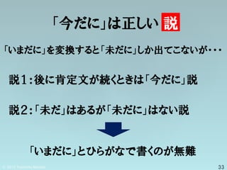 「今だに」は正しい 説
「いまだに」を変換すると「未だに」しか出てこないが・・・
説１：後に肯定文が続くときは「今だに」説
説２：「未だ」はあるが「未だに」はない説
「いまだに」とひらがなで書くのが無難
 