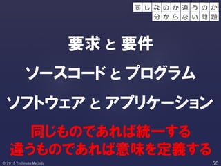 要求 と 要件
ソースコード と プログラム
同じものであれば統一する
違うものであれば意味を定義する
ソフトウェア と アプリケーション
の か の か
分 か ら
違 う
な い 問 題
じ な同
 
