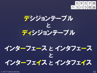 インターフェース と インタフェース
と
インターフェイス と インタフェイス
デシジョンテーブル
と
ディシジョンテーブル
カ ナ 語
バ ラ
タ カ
バ ラ 問 題
 