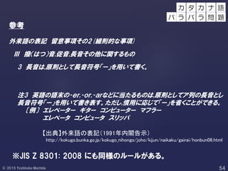 参考
外来語の表記 留意事項その2(細則的な事項)
Ⅲ 撥（はつ）音,促音,長音その他に関するもの
3 長音は,原則として長音符号「ー」を用いて書く。
注3 英語の語末の‐ｅｒ,‐ｏｒ,‐ａｒなどに当たるものは,原則としてア列の長音とし
長音符号「ー」を用いて書き表す。ただし,慣用に応じて「ー」を省くことができる。
〔例〕 エレベーター ギター コンピューター マフラー
エレベータ コンピュータ スリッパ
【出典】外来語の表記（1991年内閣告示）
http://kokugo.bunka.go.jp/kokugo_nihongo/joho/kijun/naikaku/gairai/honbun06.html
※JIS Z 8301: 2008 にも同様のルールがある。
カ ナ 語
バ ラ
タ カ
バ ラ 問 題
 