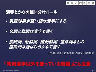 【出典】説得できる文章・表現２００の鉄則
漢字とかなの使い分けルール
• 表意効果が高い語は漢字にする
• 名詞と動詞は漢字で書く
• 接続詞、助動詞、補助動詞、連体詞などの
補助的な語はひらがなで書く
「常用漢字以外を使っている問題」にも注意
字 と 問 題か な漢
 