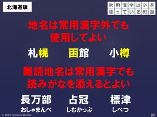 札幌 函館 小樽
長万部 占冠 標津
地名は常用漢字外でも
使用してよい
難読地名は常用漢字でも
読みがなを添えるとよい
用 漢 外 を
使 っ て
字 以
い る 問 題
常
おしゃまんべ しむかっぷ しべつ
北海道版
 