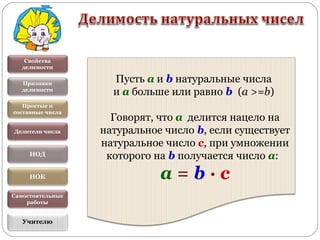 Свойства
делимости
Признаки
делимости
Простые и
составные числа
Делители числа
НОД
НОК
Учителю
Самостоятельные
работы
Пусть a и b натуральные числа
и a больше или равно b (a >=b)
Говорят, что a делится нацело на
натуральное число b, если существует
натуральное число c, при умножении
которого на b получается число a:
a = b · c
 