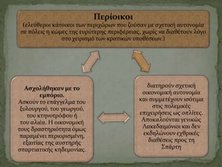 Περίοικοι
(ελεύθεροι κάτοικοι των περιχώρων που ζούσαν με σχετική αυτονομία
σε πόλεις η κώμες της ευρύτερης περιφέρειας, χωρίς να διαθέτουν λόγο
στο χειρισμό των κρατικών υποθέσεων.)
διατηρούν σχετική
οικονομική αυτονομία
και συμμετέχουν ισότιμα
στις πολεμικές
επιχειρήσεις ως οπλίτες.
Αποκαλούνται γενικώς
Λακεδαιμόνιοι και δεν
εκδηλώνουν εχθρικές
διαθέσεις προς τη
Σπάρτη
Ασχολήθηκαν με το
εμπόριο.
Ασκούν το επάγγελμα του
ξυλουργού, του γεωργού,
του κτηνοτρόφου ή
του αλιέα. Η οικονομική
τους δραστηριότητα όμως
παραμένει περιορισμένη,
εξαιτίας της αυστηρής
σπαρτιατικής κηδεμονίας.
 