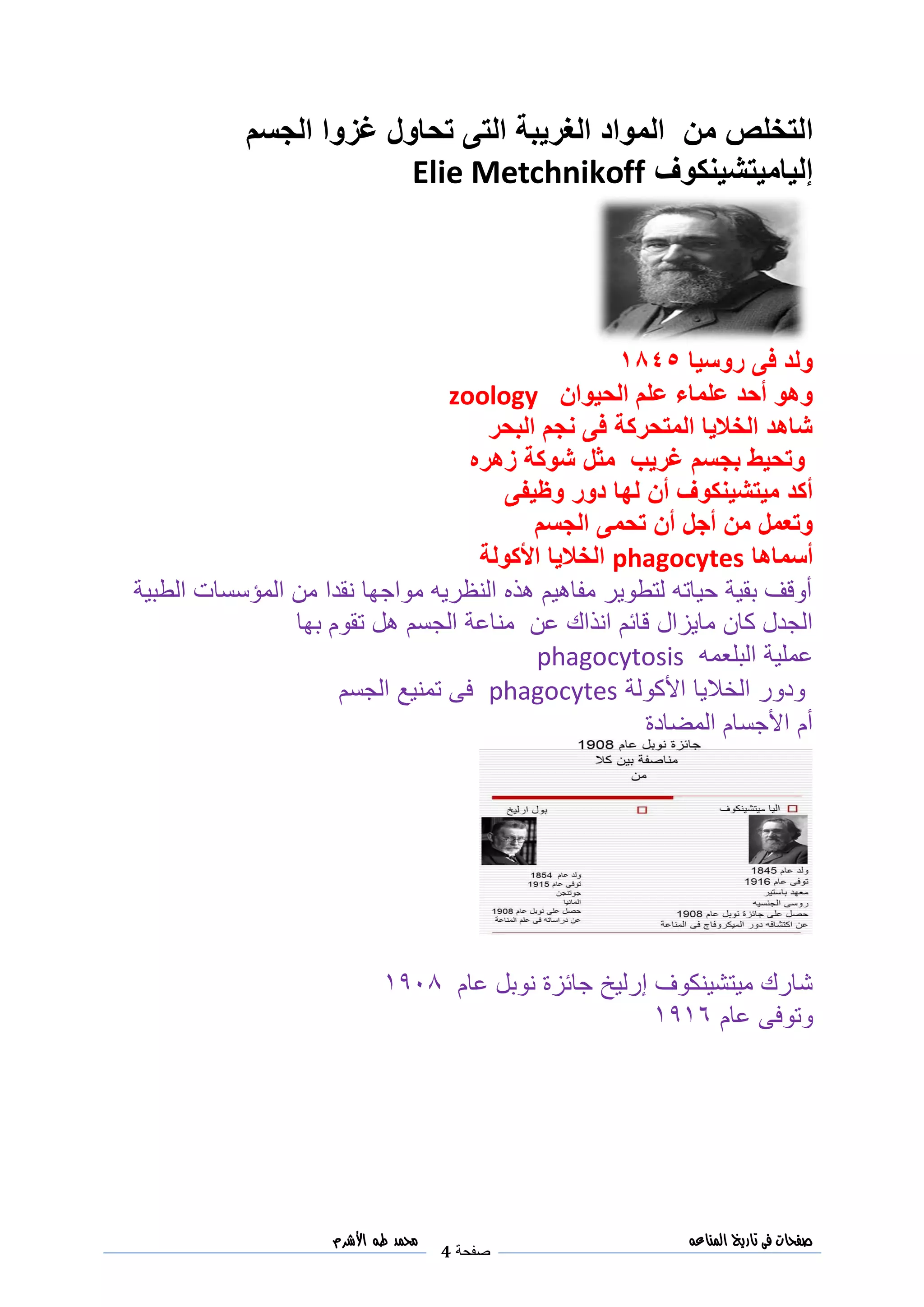 ‫صفحات‬‫فى‬‫تاريخ‬‫المناعه‬
‫صفحة‬4
‫مح‬‫مد‬‫طه‬‫األشرم‬
‫ا‬‫الجسم‬ ‫غزوا‬ ‫تحاول‬ ‫التى‬ ‫الغريبة‬ ‫المواد‬ ‫من‬ ‫لتخلص‬
‫إلياميتشينكوف‬Elie Metchnikoff
‫روسيا‬ ‫فى‬ ‫ولد‬3481
‫الحيوان‬ ‫علم‬ ‫علماء‬ ‫أحد‬ ‫وهو‬zoology
‫البحر‬ ‫نجم‬ ‫فى‬ ‫المتحركة‬ ‫الخاليا‬ ‫شاهد‬
‫زهره‬ ‫شوكة‬ ‫مثل‬ ‫غريب‬ ‫بجسم‬ ‫وتحيط‬
‫وظيفى‬ ‫دور‬ ‫لها‬ ‫أن‬ ‫ميتشينكوف‬ ‫أكد‬
‫الجسم‬ ‫تحمى‬ ‫أن‬ ‫أجل‬ ‫من‬ ‫وتعمل‬
‫أسماها‬phagocytes‫الخاليا‬‫األكولة‬
‫الطبية‬ ‫المؤسسات‬ ‫من‬ ‫نقدا‬ ‫مواجها‬ ‫النظريه‬ ‫هذه‬ ‫مفاهيم‬ ‫لتطوير‬ ‫حياته‬ ‫بقية‬ ‫أوقف‬
‫مايزال‬ ‫كان‬ ‫الجدل‬‫بها‬ ‫تقوم‬ ‫هل‬ ‫الجسم‬ ‫مناعة‬ ‫عن‬ ‫انذاك‬ ‫قائم‬
‫البلعمه‬ ‫عملية‬phagocytosis
‫األكولة‬ ‫الخاليا‬ ‫ودور‬phagocytes‫الجسم‬ ‫تمنيع‬ ‫فى‬
‫المضادة‬ ‫األجسام‬ ‫أم‬
‫عام‬ ‫نوبل‬ ‫جائزة‬ ‫إرليخ‬ ‫ميتشينكوف‬ ‫شارك‬8091
‫عام‬ ‫وتوفى‬8081
 