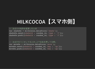 MILKCOCOA【スマホ側】
// おばけの性別を変更したとき
var obakeDs = milkcocoa.dataStore('obake');
obakeDs.send({obakeId : random_id, type : 'f'});
obakeDs.push({obakeId : random_id, type : 'f'});
// おばけをうごかしてるとき(上下左右を押してる間)
var moveDs = milkcocoa.dataStore('move');
moveDs.send({obakeId : random_id, key : 'up'});
moveDs.push({obakeId : random_id, key : 'up'});
 