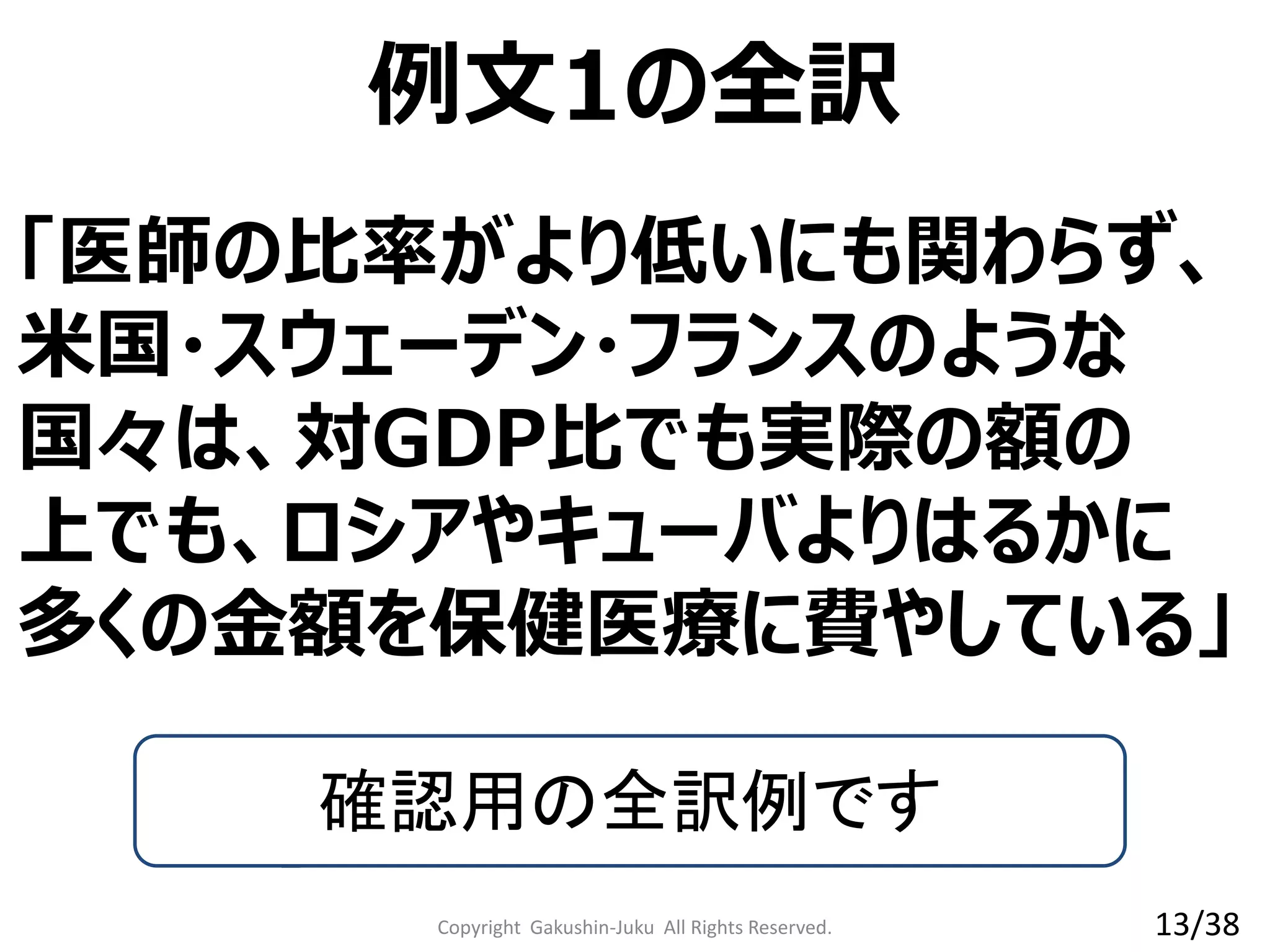 「医師の比率がより低いにも関わらず、
米国・スウェーデン・フランスのような
国々は、対GDP比でも実際の額の
上でも、ロシアやキューバよりはるかに
多くの金額を保健医療に費やしている」
例文1の全訳
確認用の全訳例です
Copyright Gakushin-Juku All Rights Reserved. 13/38
 